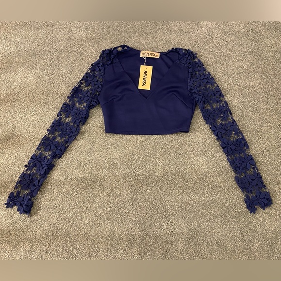 Reverse Navy Blue Crop Top with Crochet Flower Lace Sleeves (BNWT) - Picture 3 of 9